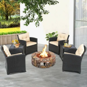 7PCS Patio Rattan Furniture Set Gas Fire Pit Table Sofa Cushion 1